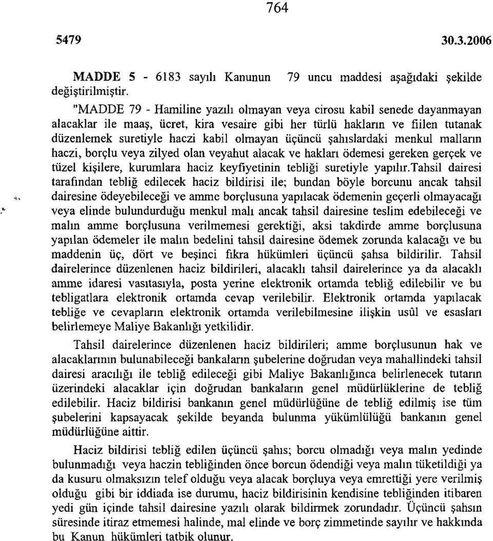 üçüncü şahıslardaki menkul malların haczi, borçlu veya zilyed olan veyahut alacak ve hakları ödemesi gereken gerçek ve tüzel kişilere, kurumlara haciz keyfiyetinin tebliği suretiyle yapılır.