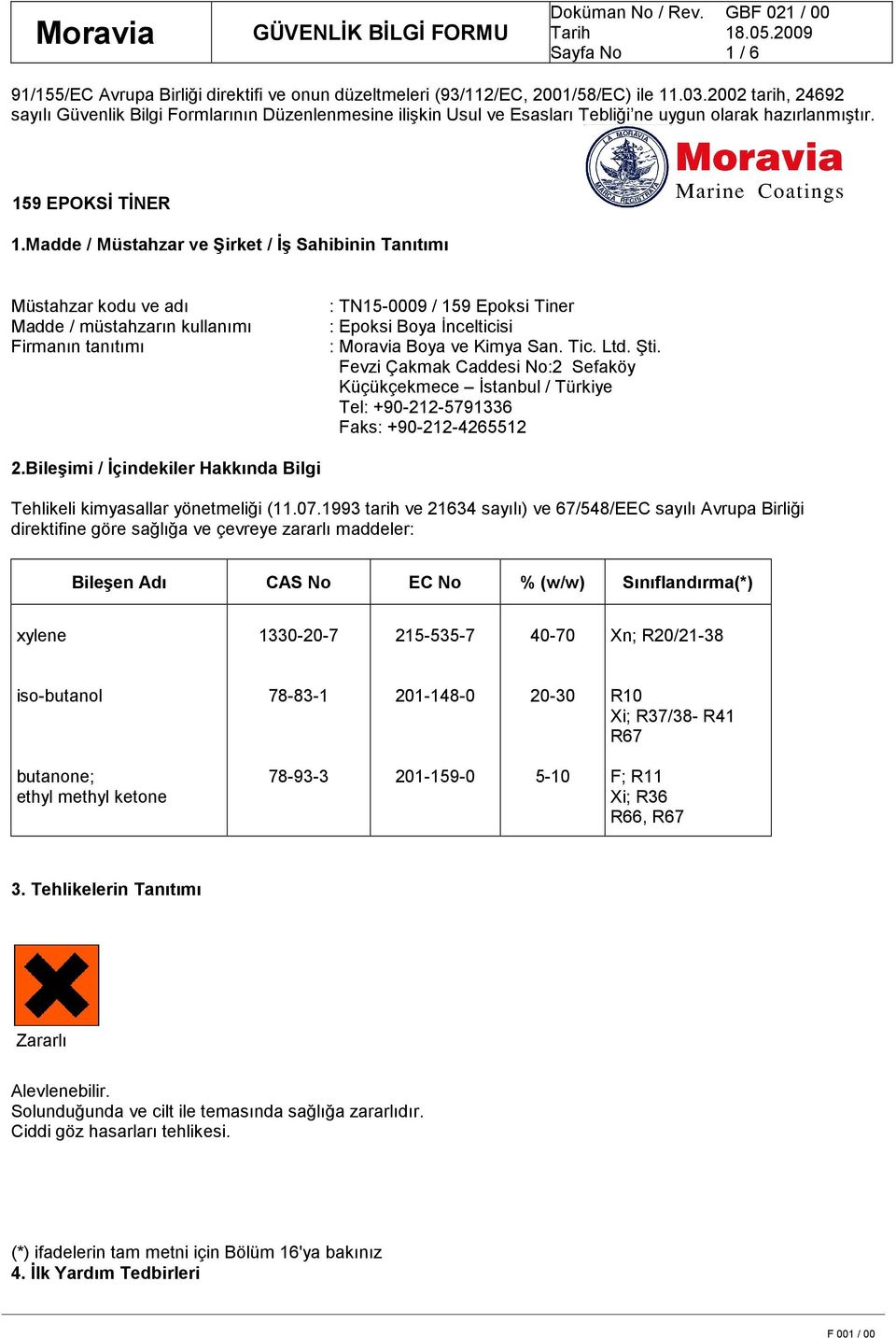 Madde / Müstahzar ve Şirket / Đş Sahibinin Tanıtımı Müstahzar kodu ve adı Madde / müstahzarın kullanımı Firmanın tanıtımı : TN15-0009 / 159 Epoksi Tiner : Epoksi Boya Đncelticisi : Moravia Boya ve