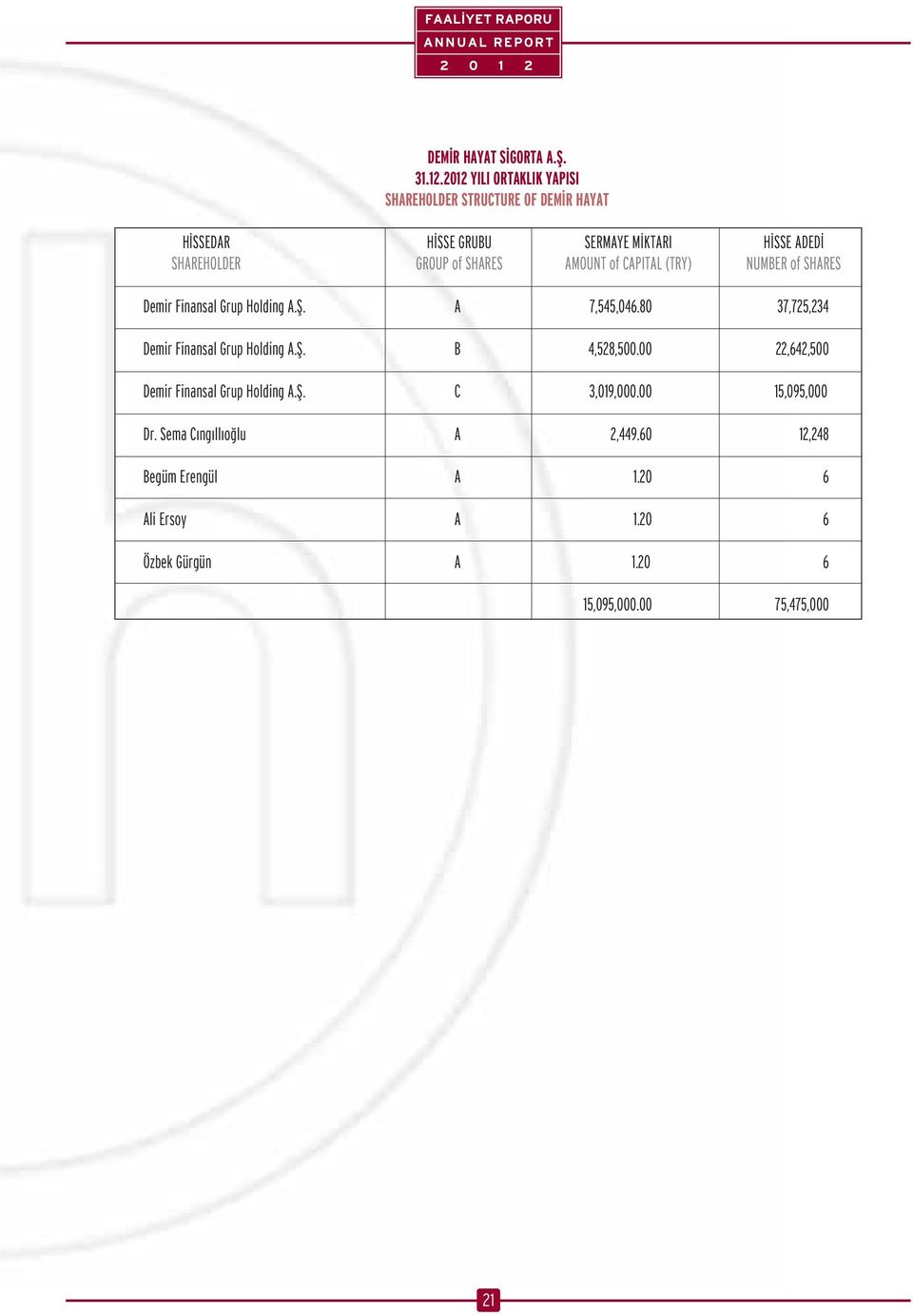 of SHARES AMOUNT of CAPITAL (TRY) NUMBER of SHARES Demir Finansal Grup Holding A.fi. A 7,545,046.