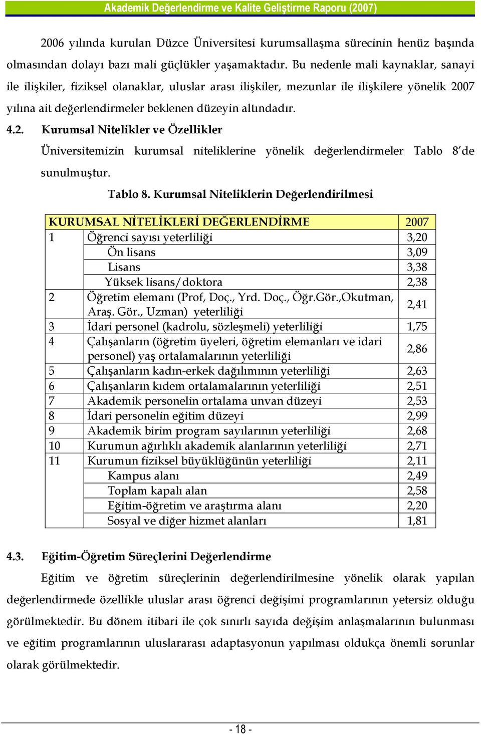 07 yılına ait değerlendirmeler beklenen düzeyin altındadır. 4.2. Kurumsal Nitelikler ve Özellikler Üniversitemizin kurumsal niteliklerine yönelik değerlendirmeler Tablo 8 