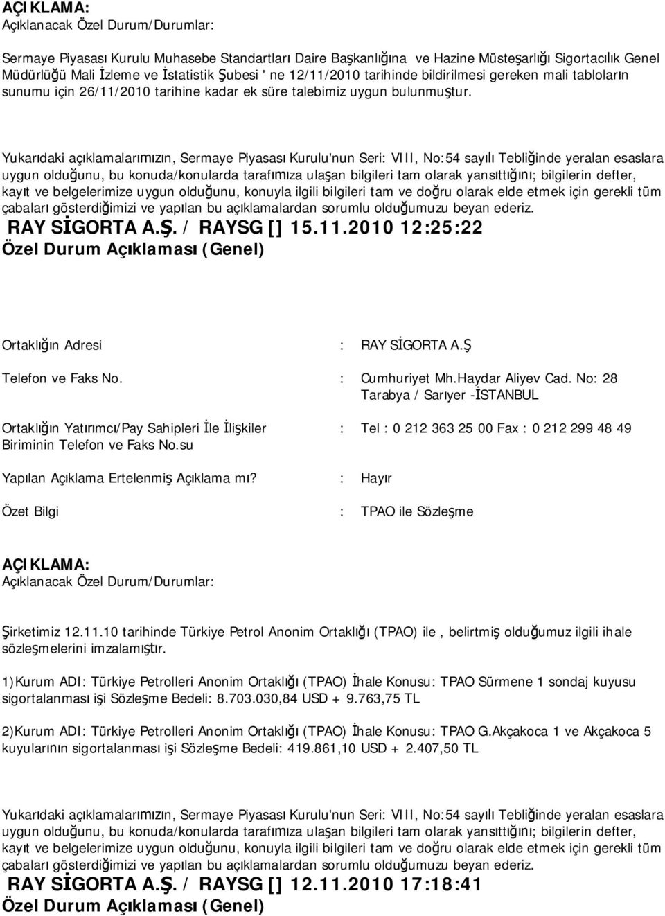 Haydar Aliyev Cad. No: 28 Tarabya / Sar yer - STANBUL Ortakl n Yat mc /Pay Sahipleri le li kiler Biriminin Telefon ve Faks No.