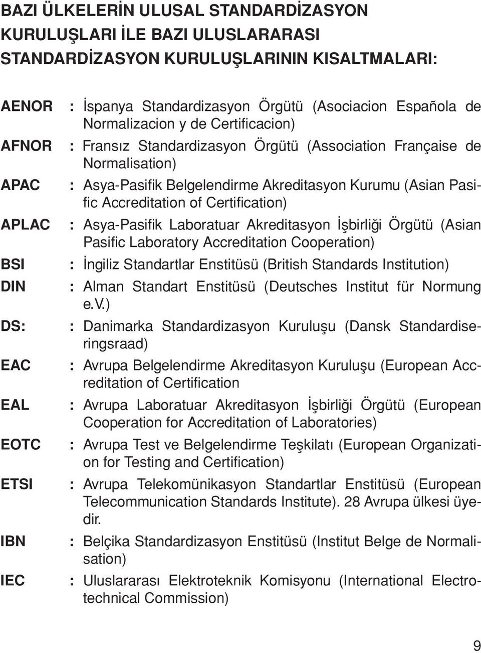 Kurumu (Asian Pasific Accreditation of Certification) : Asya-Pasifik Laboratuar Akreditasyon İşbirliği Örgütü (Asian Pasific Laboratory Accreditation Cooperation) : İngiliz Standartlar Enstitüsü