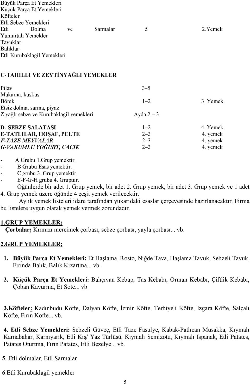 Yemek E-TATLILAR, HOŞAF, PELTE 2 3 4. yemek F-TAZE MEYVALAR 2 3 4. yemek G-VAKUMLU YOĞURT, CACIK 2 3 4. yemek - A Grubu 1.Grup yemektir. - B Grubu Esas yemektir. - C grubu 3. Grup yemektir.