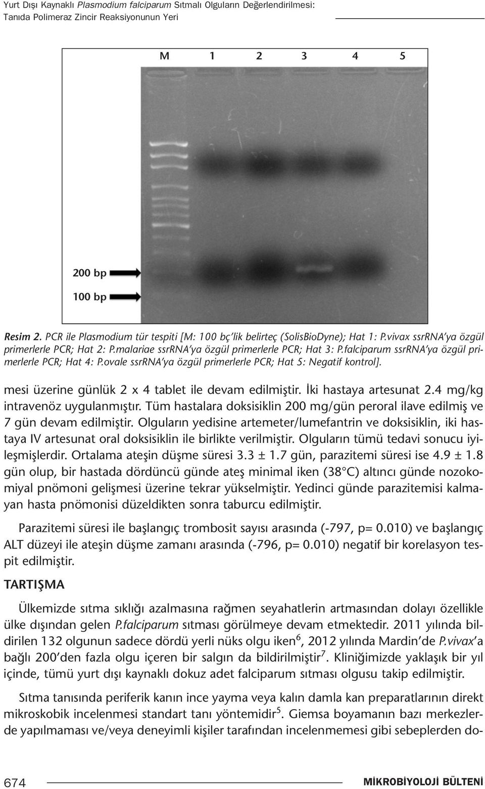 falciparum ssrrna ya özgül primerlerle PCR; Hat 4: P.ovale ssrrna ya özgül primerlerle PCR; Hat 5: Negatif kontrol]. mesi üzerine günlük 2 x 4 tablet ile devam edilmiştir. İki hastaya artesunat 2.