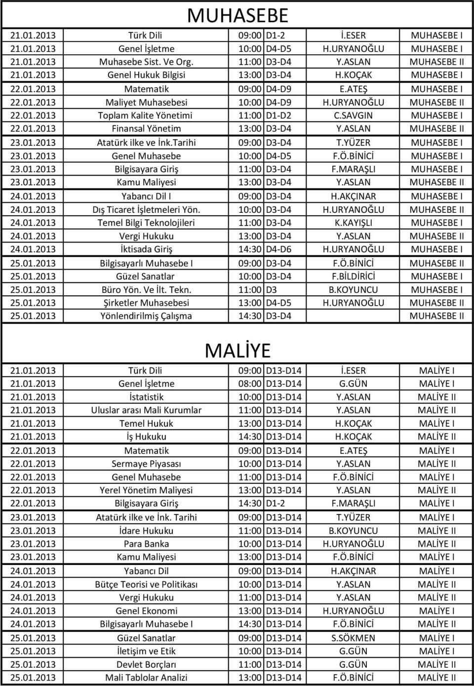 SAVGIN MUHASEBE I 22.01.2013 Finansal Yönetim 13:00 D3-D4 Y.ASLAN MUHASEBE II 23.01.2013 Atatürk ilke ve İnk.Tarihi 09:00 D3-D4 T.YÜZER MUHASEBE I 23.01.2013 Genel Muhasebe 10:00 D4-D5 F.Ö.