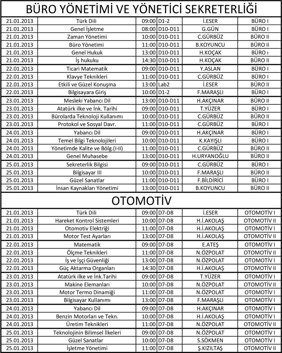 GÜRBÜZ BÜRO I 22.01.2013 Etkili ve Güzel Konuşma 13:00 Lab2 İ.ESER BÜRO II 22.01.2013 Bilgisayara Giriş 10:00 D1-2 F.MARAŞLI BÜRO I 23.01.2013 Mesleki Yabancı Dil 13:00 D10-D11 H.AKÇINAR BÜRO II 23.