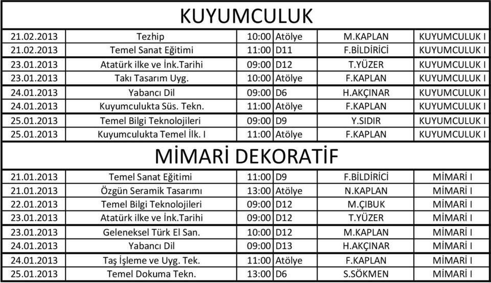 KAPLAN KUYUMCULUK I 25.01.2013 Temel Bilgi Teknolojileri 09:00 D9 Y.SIDIR KUYUMCULUK I 25.01.2013 Kuyumculukta Temel İlk. I 11:00 Atölye F.KAPLAN KUYUMCULUK I MİMARİ DEKORATİF 21.01.2013 Temel Sanat Eğitimi 11:00 D9 F.