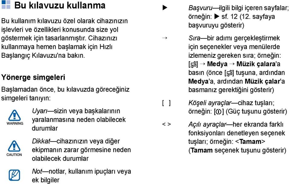 Yönerge simgeleri Başlamadan önce, bu kılavuzda göreceğiniz simgeleri tanıyın: Uyarı sizin veya başkalarının yaralanmasına neden olabilecek durumlar Dikkat cihazınızın veya diğer ekipmanın zarar