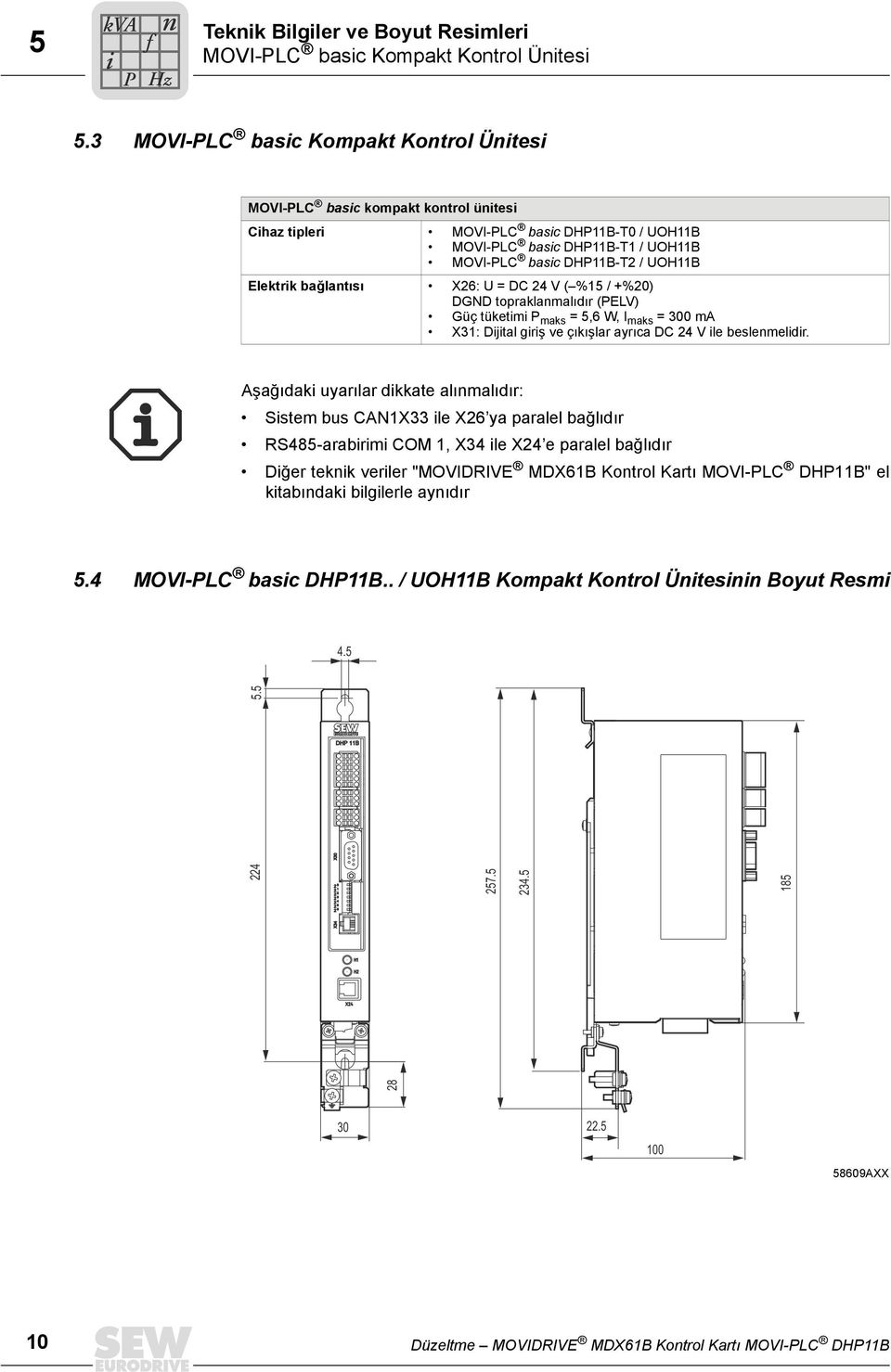 Elektrik bağlantısı X26: U = DC 24 V ( %15 / +%20) DGND topraklanmalıdır (PELV) Güç tüketimi P maks = 5,6 W, I maks = 300 ma X31: Dijital giriş ve çıkışlar ayrıca DC 24 V ile beslenmelidir.