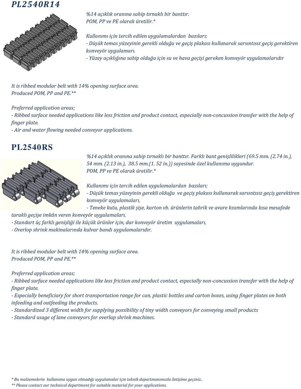 - Yüzey açıklığına sahip olduğu için su ve hava geçişi gereken konveyör uygulamalarıdır It is ribbed modular belt with 14% opening surface area.