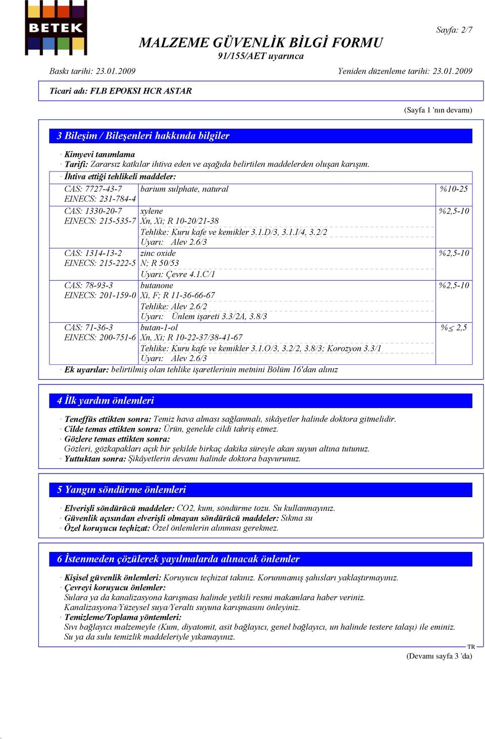 CAS: 71-36-3 EINECS: 200-751-6 xylene Xn, Xi; R 10-20/21-38 Tehlike: Kuru kafe ve kemikler 3.1.D/3, 3.1.I/4, 3.2/2 Uyarı: Alev 2.6/3 zinc oxide N; R 50/53 Uyarı: Çevre 4.1.C/1 butanone Xi, F; R 11-36-66-67 Tehlike: Alev 2.