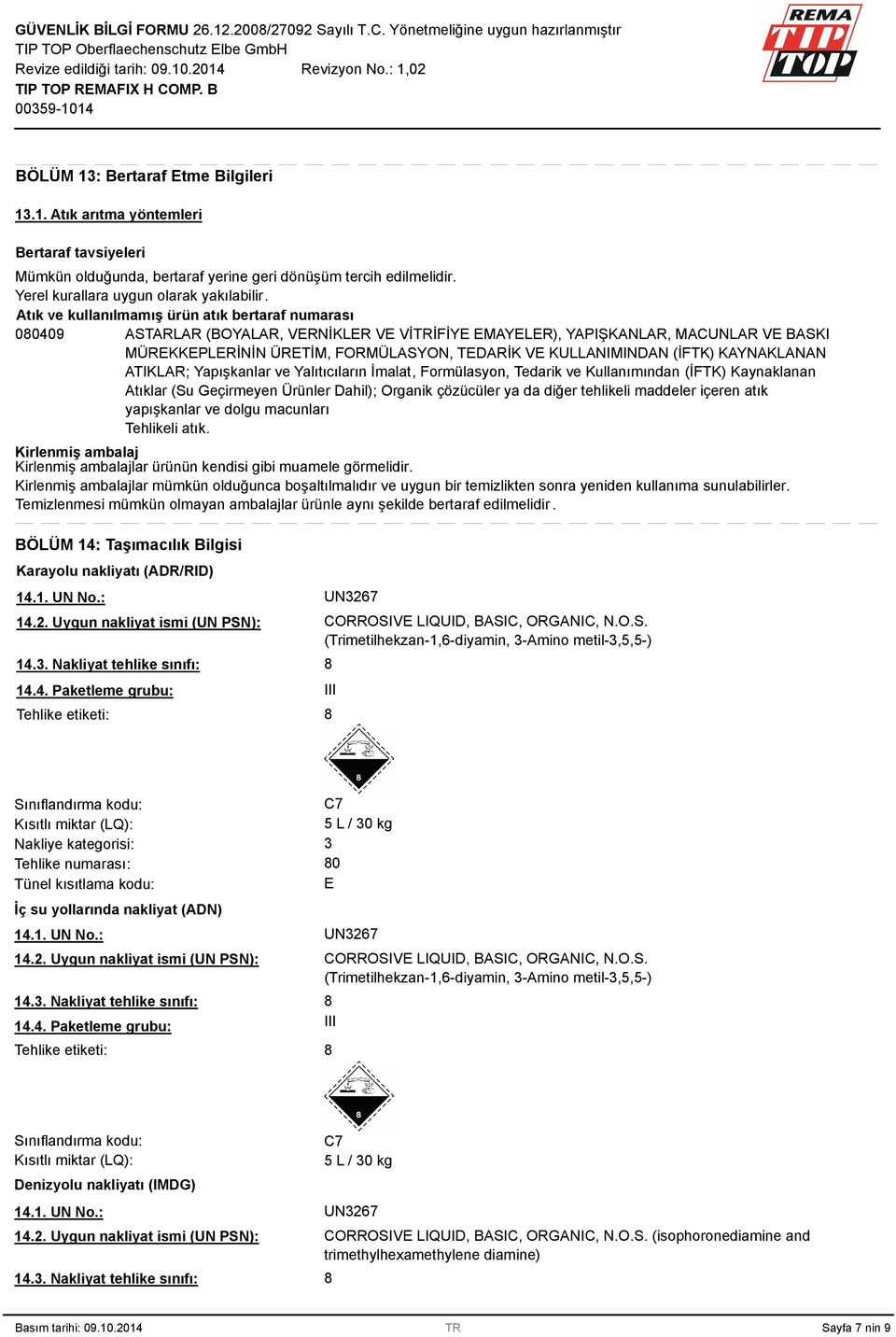 KULLANIMINDAN (İFTK) KAYNAKLANAN ATIKLAR; Yapışkanlar ve Yalıtıcıların İmalat, Formülasyon, Tedarik ve Kullanımından (İFTK) Kaynaklanan Atıklar (Su Geçirmeyen Ürünler Dahil); Organik çözücüler ya da