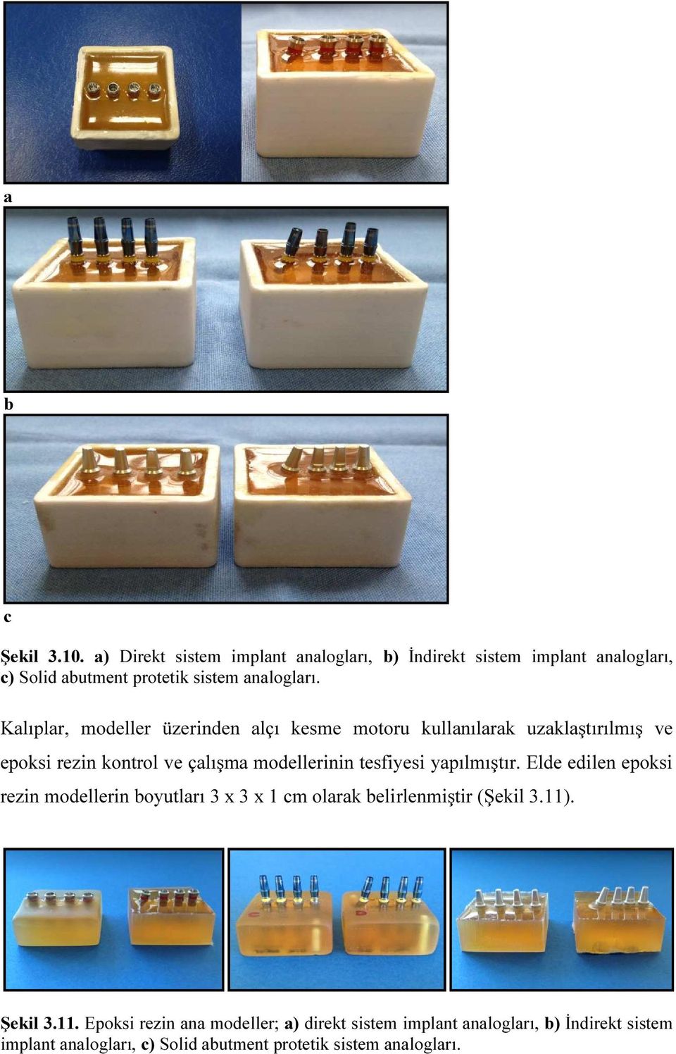 Kalıplar, modeller üzerinden alçı kesme motoru kullanılarak uzaklaştırılmış ve epoksi rezin kontrol ve çalışma modellerinin tesfiyesi