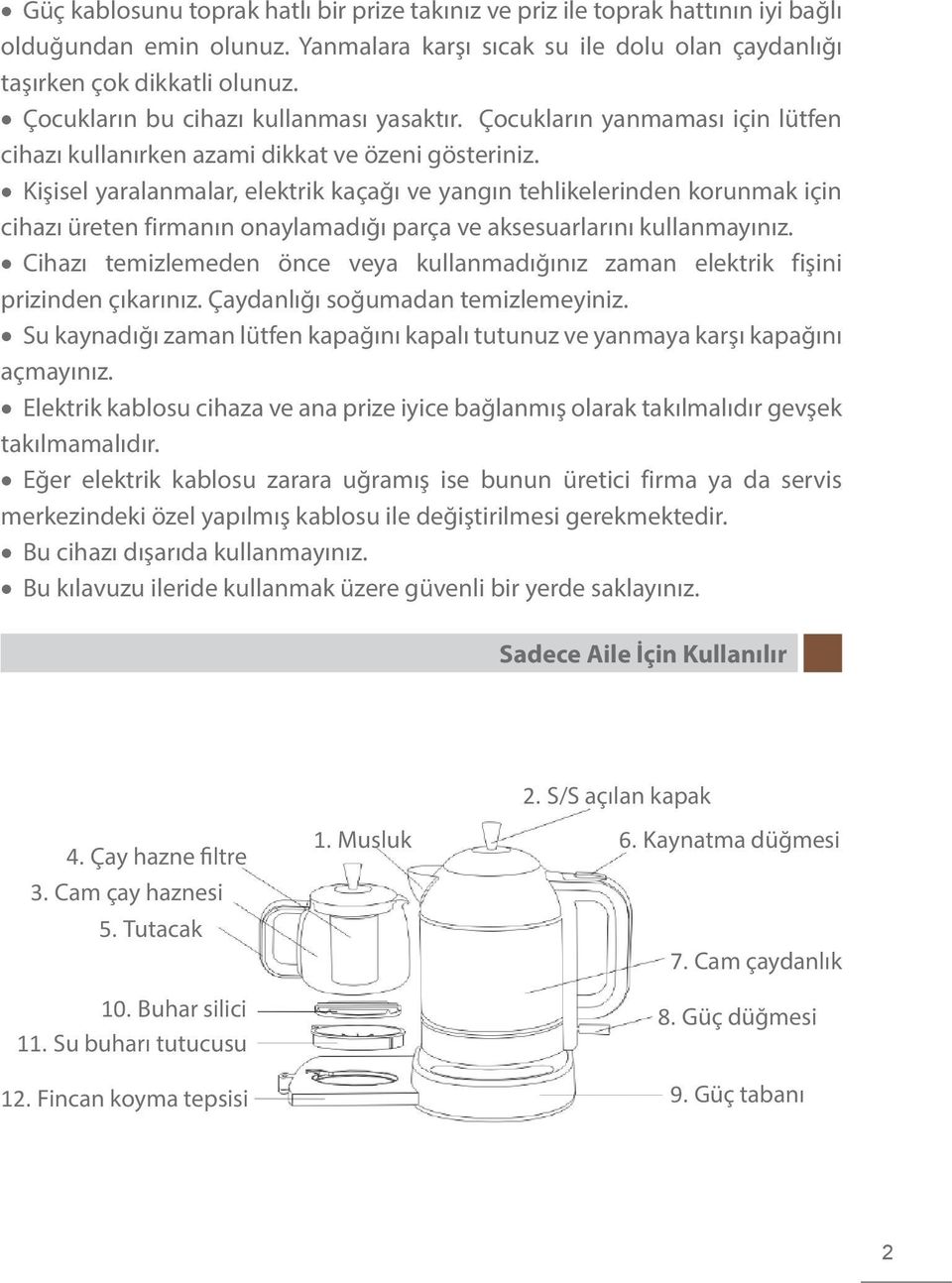 Kişisel yaralanmalar, elektrik kaçağı ve yangın tehlikelerinden korunmak için cihazı üreten firmanın onaylamadığı parça ve aksesuarlarını kullanmayınız.