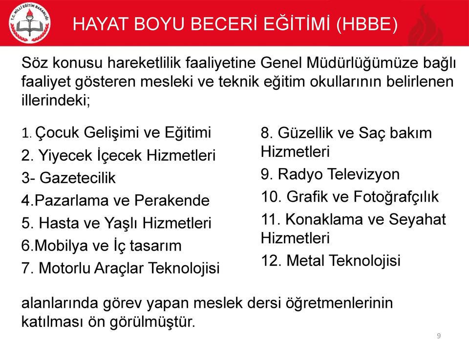 Hasta ve Yaşlı Hizmetleri 6.Mobilya ve İç tasarım 7. Motorlu Araçlar Teknolojisi 8. Güzellik ve Saç bakım Hizmetleri 9.