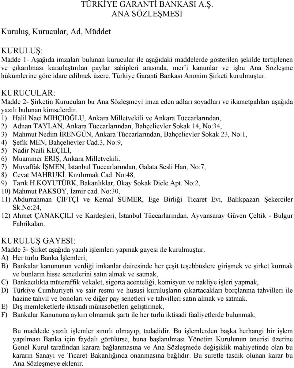 işbu Ana Sözleşme hükümlerine göre idare edilmek üzere, Türkiye Garanti Bankası Anonim Şirketi kurulmuştur.