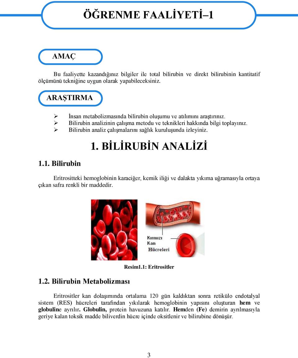 Bilirubin analiz çalıģmalarını sağlık kuruluģunda izleyiniz. 1.1. Bilirubin 1.