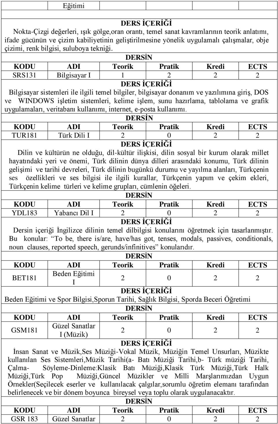 SRS131 Bilgisayar I 1 2 2 2 Bilgisayar sistemleri ile ilgili temel bilgiler, bilgisayar donanım ve yazılımına giriģ, DOS ve WINDOWS iģletim sistemleri, kelime iģlem, sunu hazırlama, tablolama ve