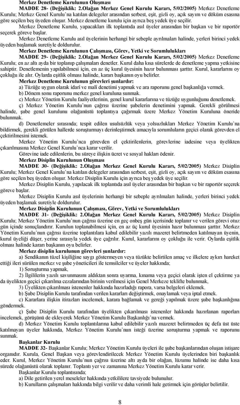 oluşur. Merkez denetleme kurulu için ayrıca beş yedek üye seçilir. Merkez Denetleme Kurulu, yapacakları ilk toplantıda asıl üyeler arasından bir başkan ve bir raportör seçerek göreve başlar.