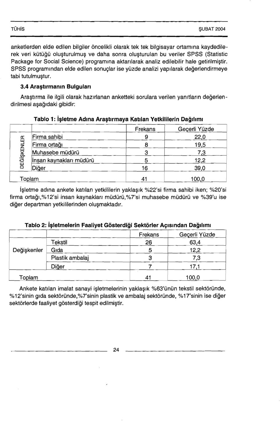 Arastlrma ile ilgili olarak hazlrlanan anketteki sorulara verilen yanltlarln degerlendirilmesi agagidaki gibidir: 1 Tablo 1 : iqletme Adlna Ara~tlrmaya Katllan Yetkililerin Daglllm~ Frekans Ge~erli