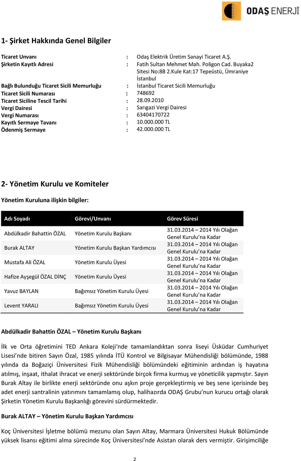 Kule Kat:17 Tepeüstü, Ümraniye İstanbul İstanbul Ticaret Sicili Memurluğu Ticaret Sicili Numarası : 748692 Ticaret Siciline Tescil Tarihi : 28.09.