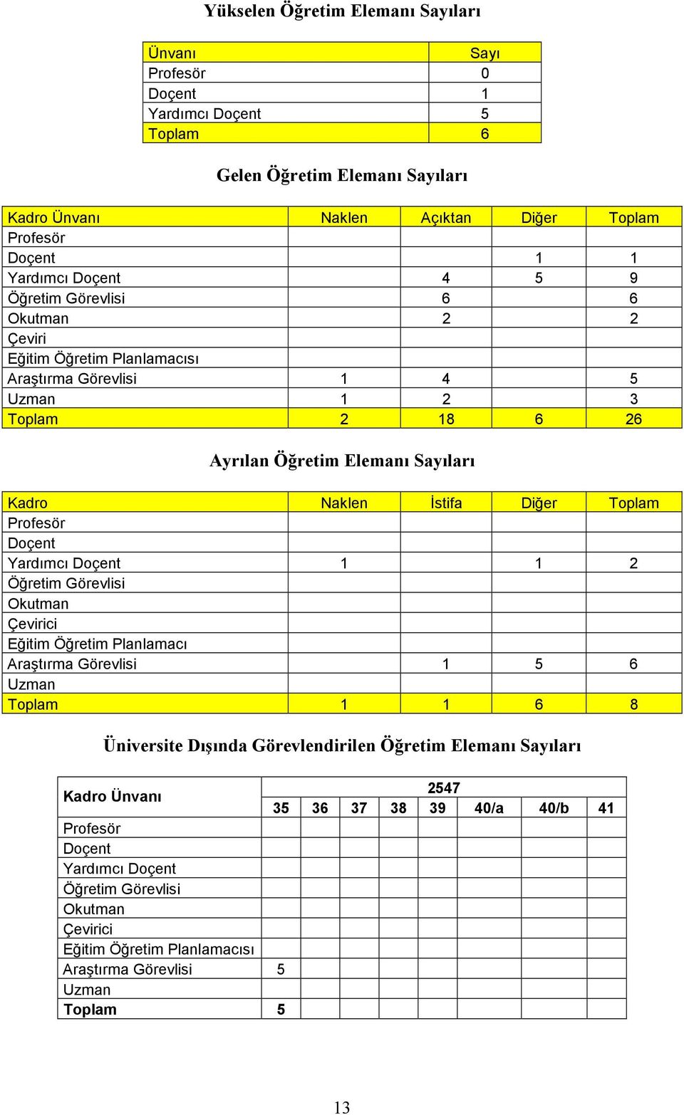 Toplam Profesör Doçent Yardımcı Doçent 1 1 2 Öğretim Görevlisi Okutman Çevirici Eğitim Öğretim Planlamacı Araştırma Görevlisi 1 5 6 Uzman Toplam 1 1 6 8 Üniversite Dışında Görevlendirilen Öğretim