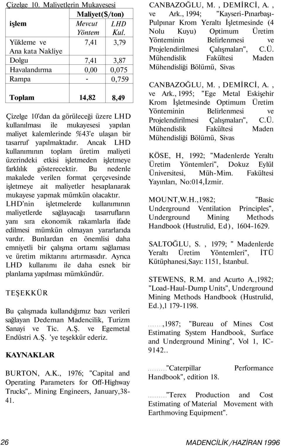 kalemlerinde %43'e ulaşan bir tasarruf yapılmaktadır. Ancak LHD kullanımının toplam üretim maliyeti üzerindeki etkisi işletmeden işletmeye farklılık gösterecektir.