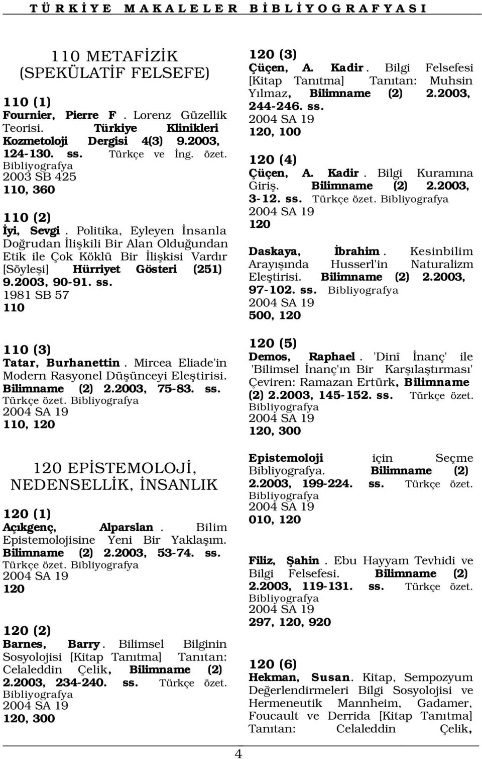 1981 SB 57 110 110 (3) Tatar, Burhanettin. Mircea Eliade'in Modern Rasyonel Düflünceyi Elefltirisi. Bilimname (2) 2.2003, 75-83. ss. Türkçe özet. 2004 SA 19 110, 120 120 (3) Çüçen, A. Kadir.