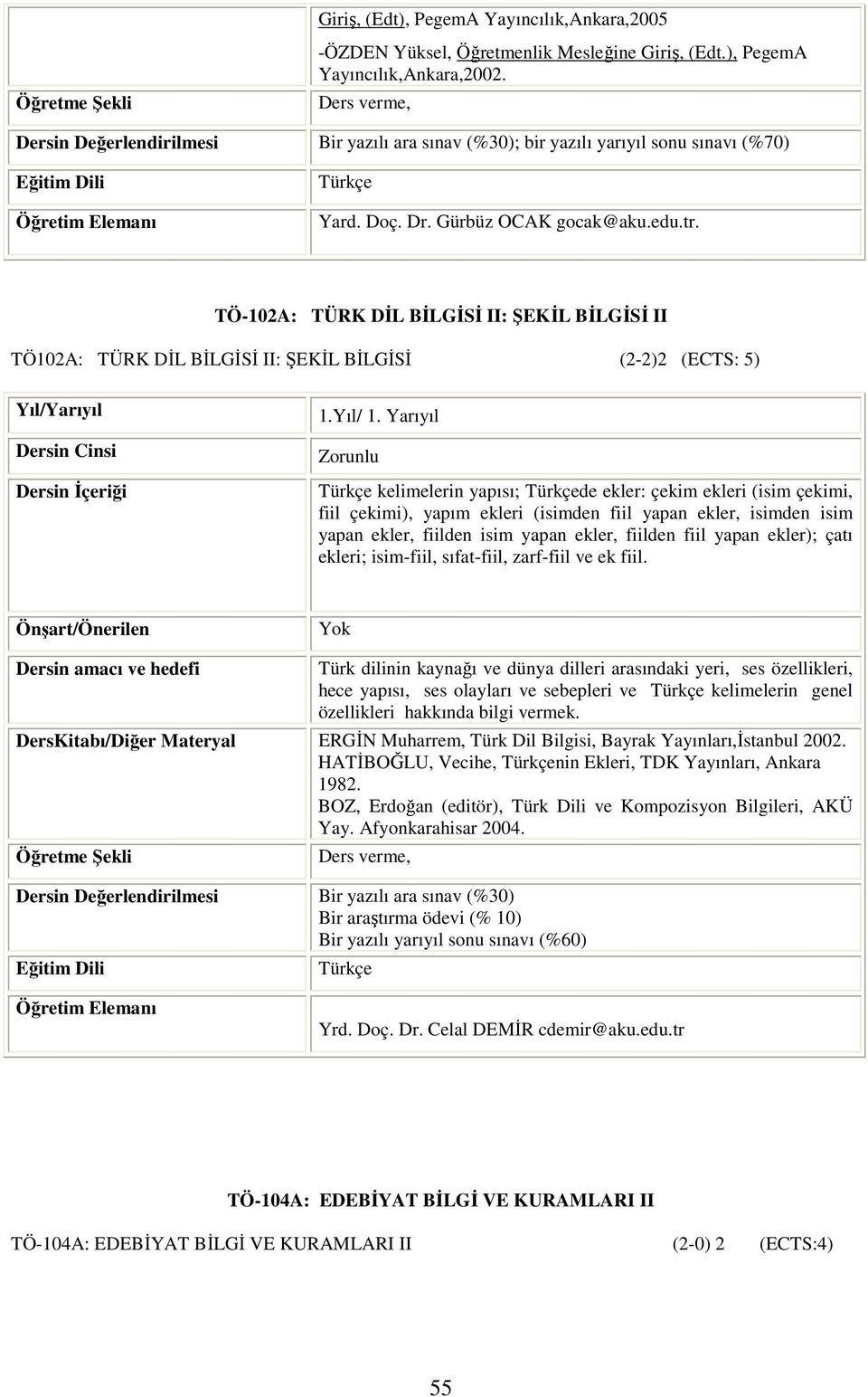 TÖ-102A: TÜRK DĐL BĐLGĐSĐ II: ŞEKĐL BĐLGĐSĐ II TÖ102A: TÜRK DĐL BĐLGĐSĐ II: ŞEKĐL BĐLGĐSĐ (2-2)2 (ECTS: 5) 1.Yıl/ 1.