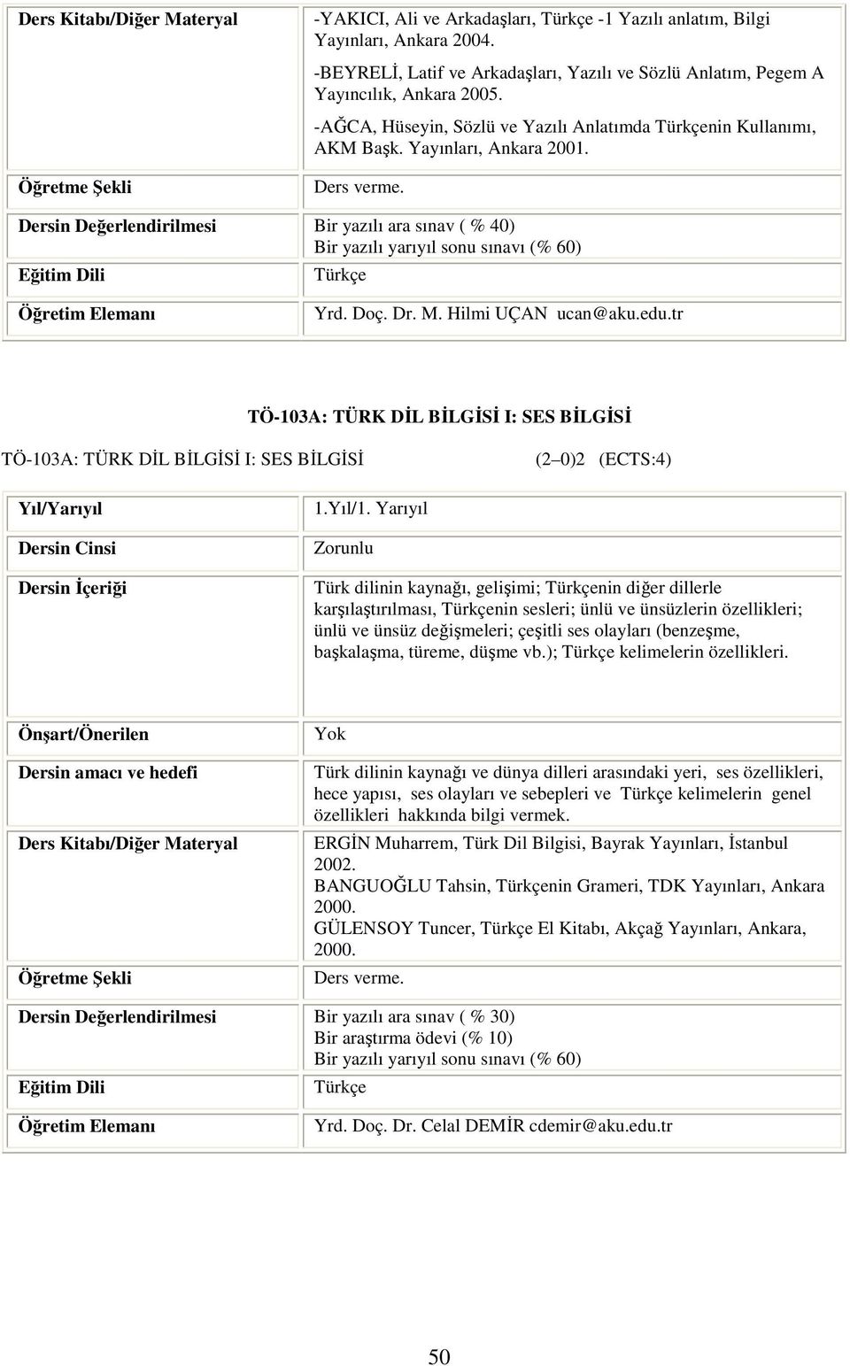 Hilmi UÇAN ucan@aku.edu.tr TÖ-103A: TÜRK DĐL BĐLGĐSĐ I: SES BĐLGĐSĐ TÖ-103A: TÜRK DĐL BĐLGĐSĐ I: SES BĐLGĐSĐ (2 0)2 (ECTS:4) 1.Yıl/1.