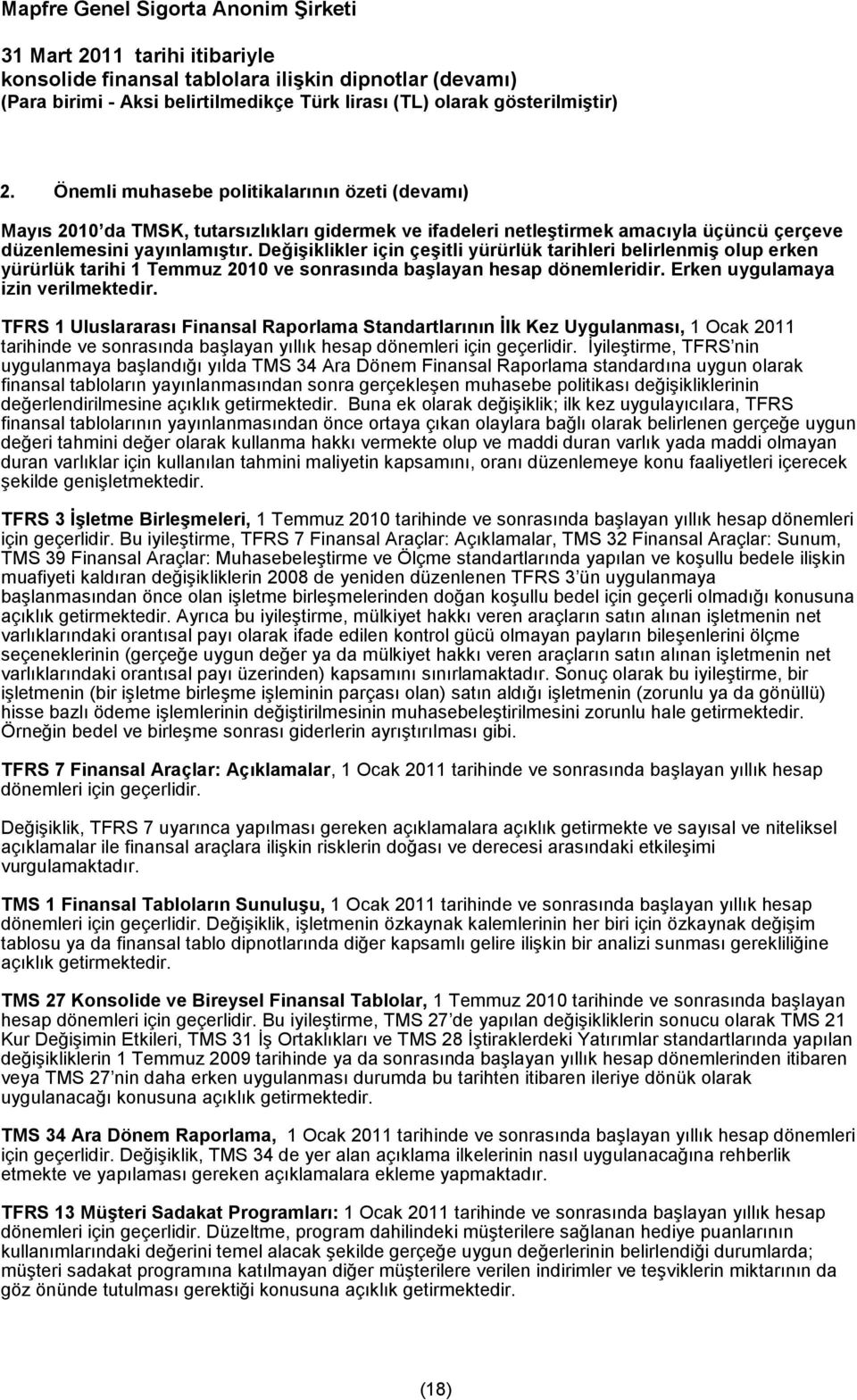 TFRS 1 Uluslararası Finansal Raporlama Standartlarının İlk Kez Uygulanması, 1 Ocak 2011 tarihinde ve sonrasında başlayan yıllık hesap dönemleri için geçerlidir.