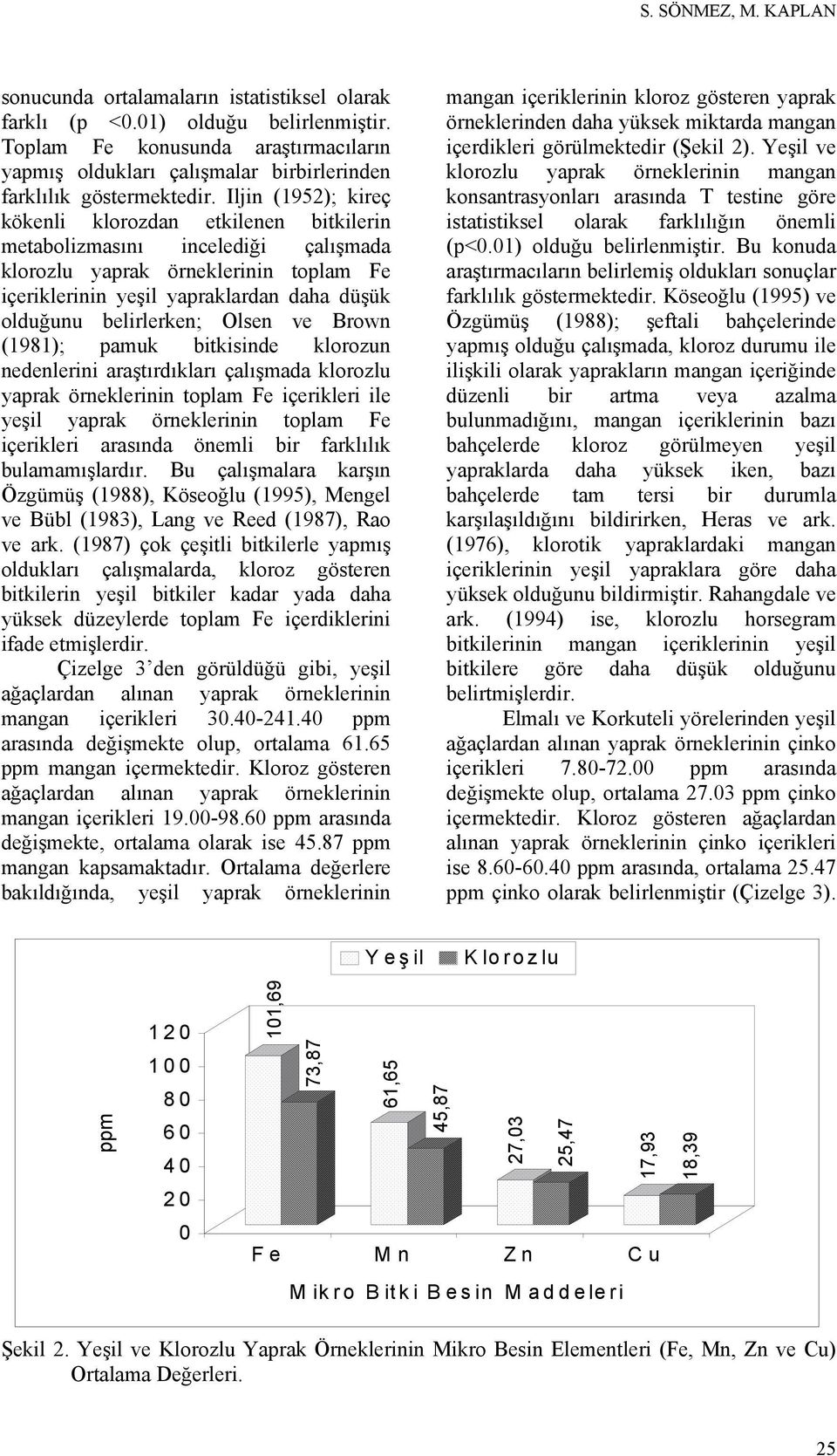 Iljin (1952); kireç kökenli klorozdan etkilenen bitkilerin metabolizmasını incelediği çalışmada klorozlu yaprak örneklerinin toplam Fe içeriklerinin yeşil yapraklardan daha düşük olduğunu