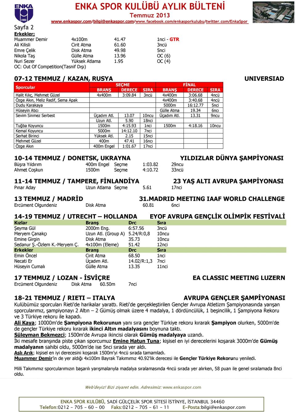 95 OC (4) OC: Out Of Competition(Tasnif Dışı) 07-12 TEMMUZ / KAZAN, RUSYA UNIVERSIAD Sporcular SEÇME FİNAL BRANŞ DERECE SIRA BRANŞ DERECE SIRA Halit Kılıç, Mehmet Güzel 4x400m 3:09.