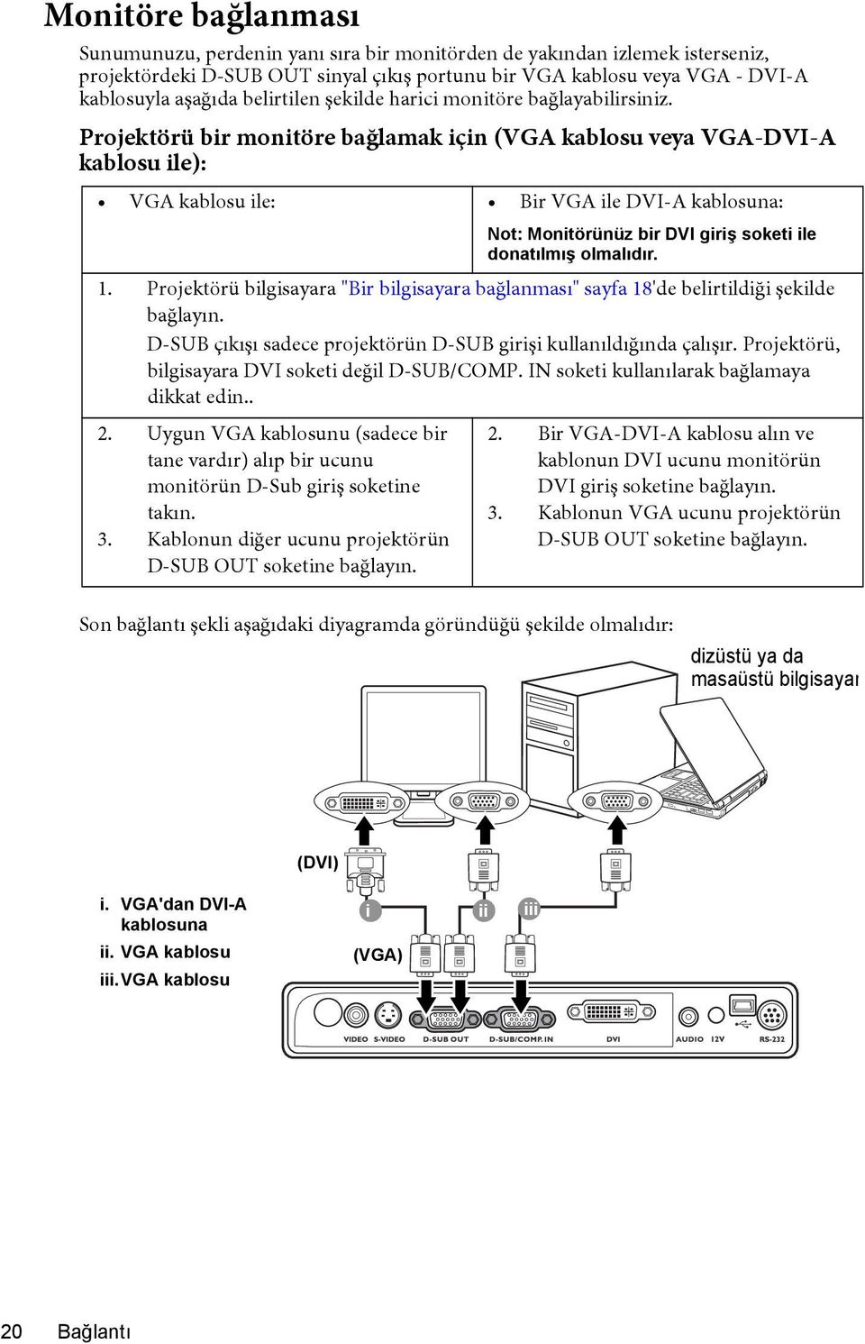 Projektörü bir monitöre bağlamak için (VGA kablosu veya VGA-DVI-A kablosu ile): VGA kablosu ile: Bir VGA ile DVI-A kablosuna: Not: Monitörünüz bir DVI giriş soketi ile donatılmış olmalıdır. 1.