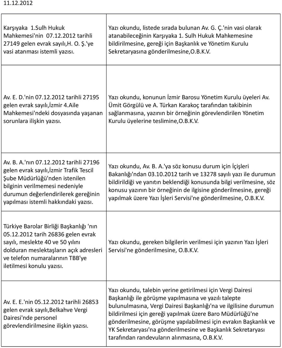 2012 tarihli 27195 gelen evrak sayılı,izmir 4.Aile Mahkemesi'ndeki dosyasında yaşanan sorunlara ilişkin Yazı okundu, konunun İzmir Barosu Yönetim Kurulu üyeleri Av. Ümit Görgülü ve A.