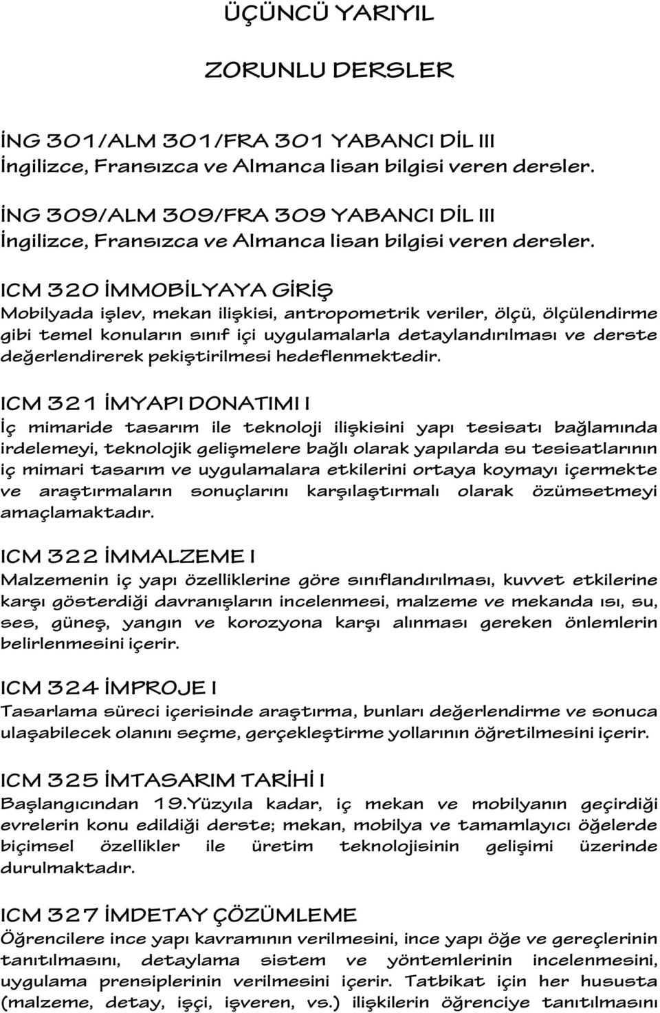 ICM 320 İMMOBİLYAYA GİRİŞ Mobilyada işlev, mekan ilişkisi, antropometrik veriler, ölçü, ölçülendirme gibi temel konuların sınıf içi uygulamalarla detaylandırılması ve derste değerlendirerek