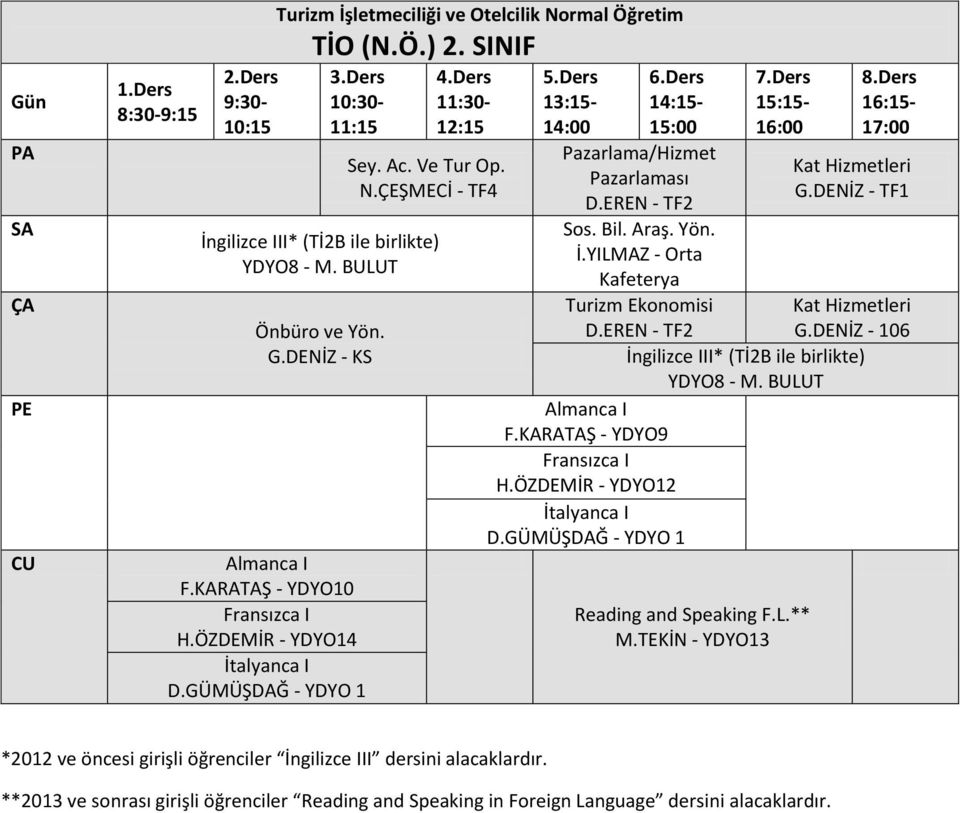 EREN - TF2 Almanca I F.KARATAŞ - YDYO9 Fransızca I H.ÖZDEMİR - YDYO12 İtalyanca I D.GÜMÜŞDAĞ - YDYO 1 Kat Hizmetleri G.DENİZ - TF1 Kat Hizmetleri G.