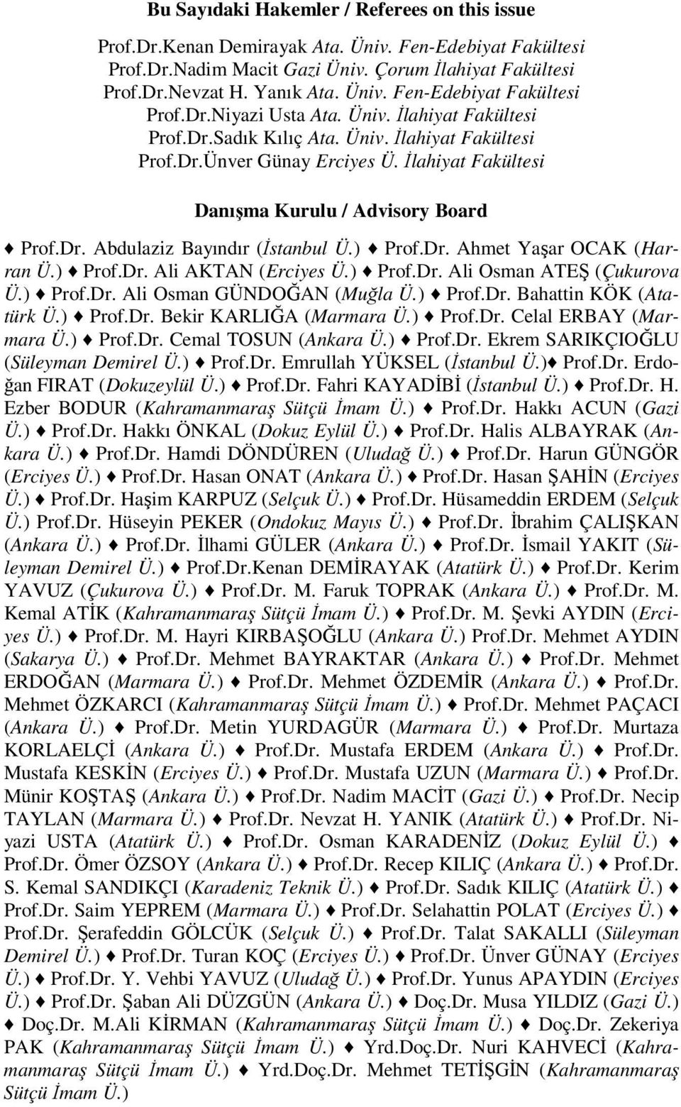 ) Prof.Dr. Ahmet Yaşar OCAK (Harran Ü.) Prof.Dr. Ali AKTAN (Erciyes Ü.) Prof.Dr. Ali Osman ATEŞ (Çukurova Ü.) Prof.Dr. Ali Osman GÜNDOĞAN (Muğla Ü.) Prof.Dr. Bahattin KÖK (Atatürk Ü.) Prof.Dr. Bekir KARLIĞA (Marmara Ü.