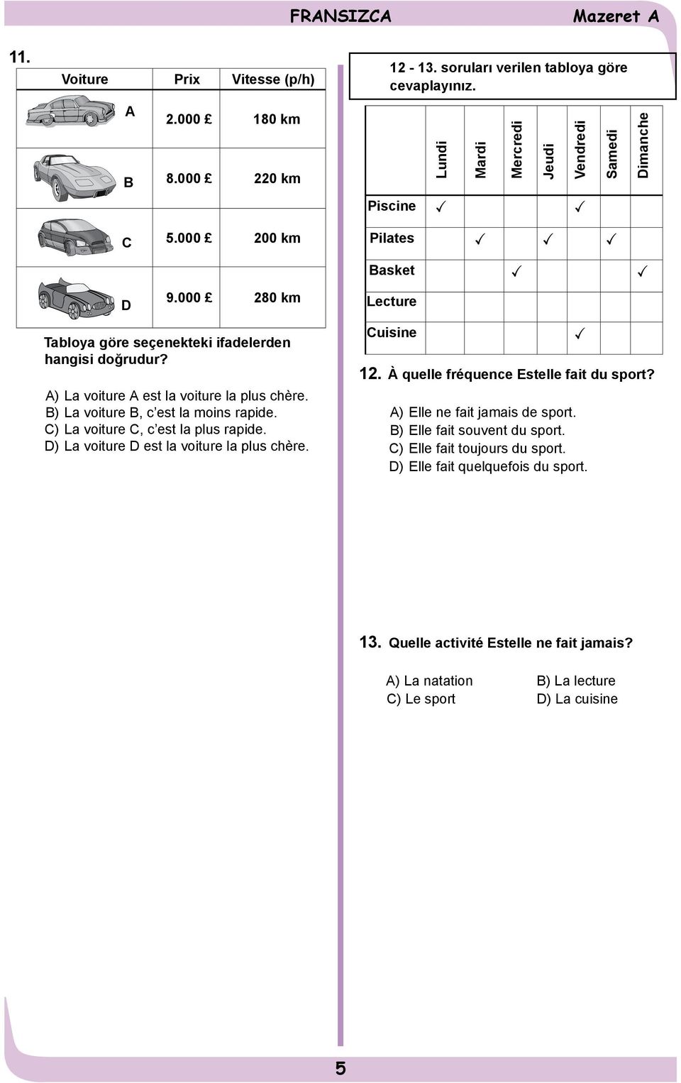 A) La voiture A est la voiture la plus chère. B) La voiture B, c est la moins rapide. C) La voiture C, c est la plus rapide. D) La voiture D est la voiture la plus chère. Cuisine { 12.