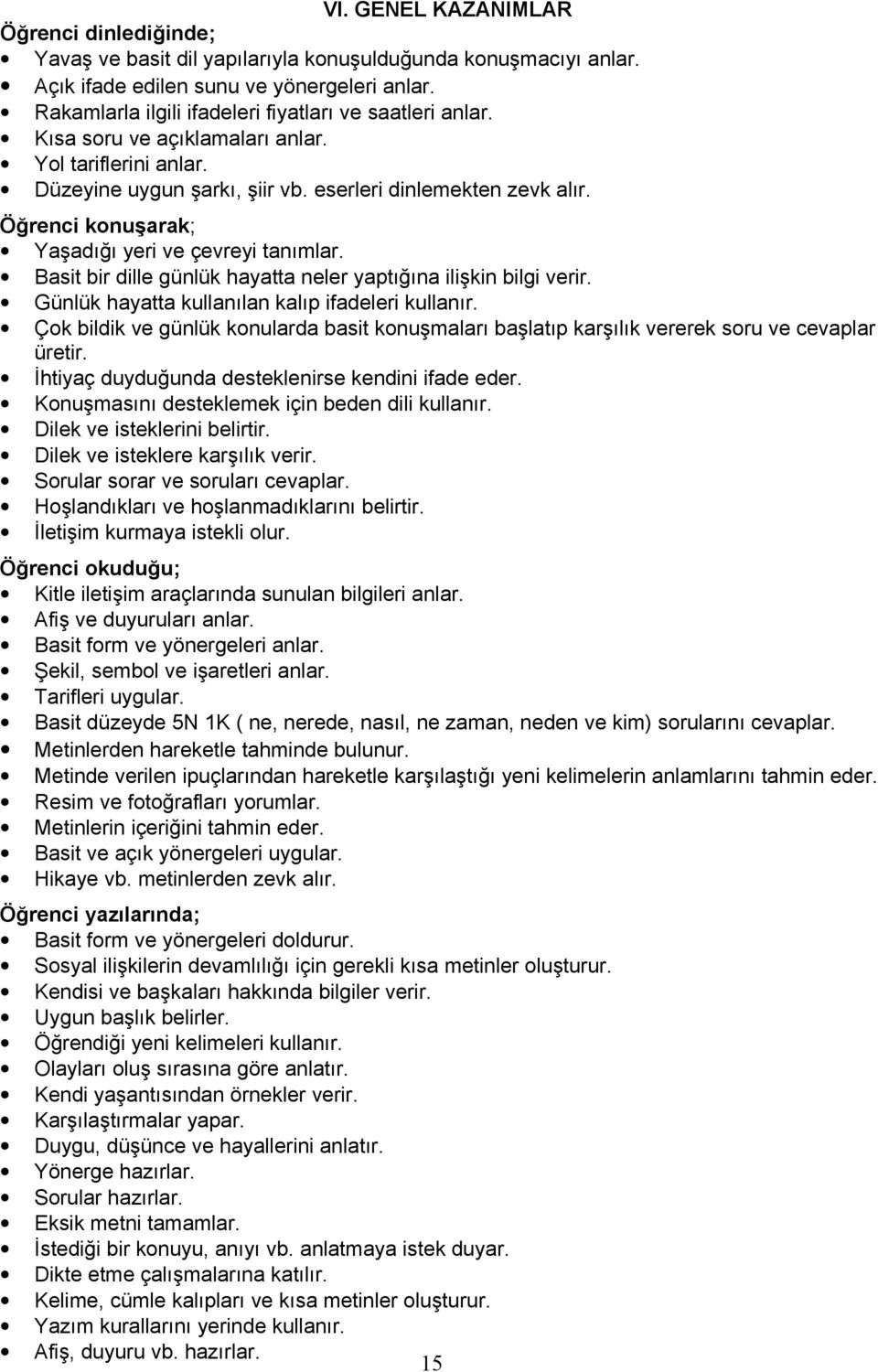 Öğrenci konuşarak; Yaşadığı yeri ve çevreyi tanımlar. Basit bir dille günlük hayatta neler yaptığına ilişkin bilgi verir. Günlük hayatta kullanılan kalıp ifadeleri kullanır.