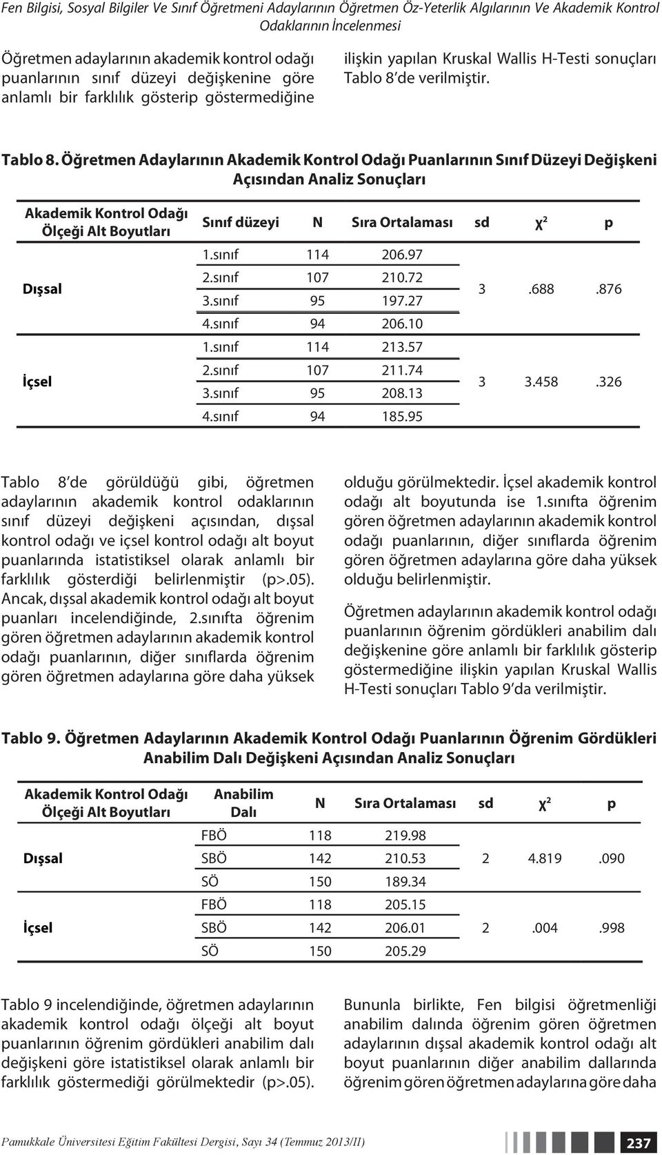 de verilmiştir. Tablo 8.