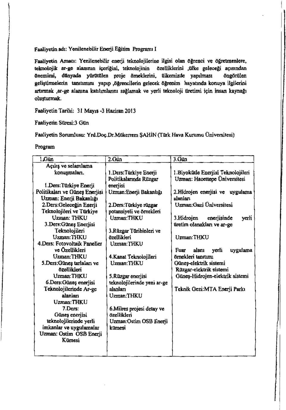 kaynagl Faaliyetin Shsi;3 Gth Faaliyetin Sorumlusu: Yrd.Doq.Dr.Mtikerrern SAH~N (Tiirk Hava Kurumu Universitesi) Program - kbnusdan. 1.