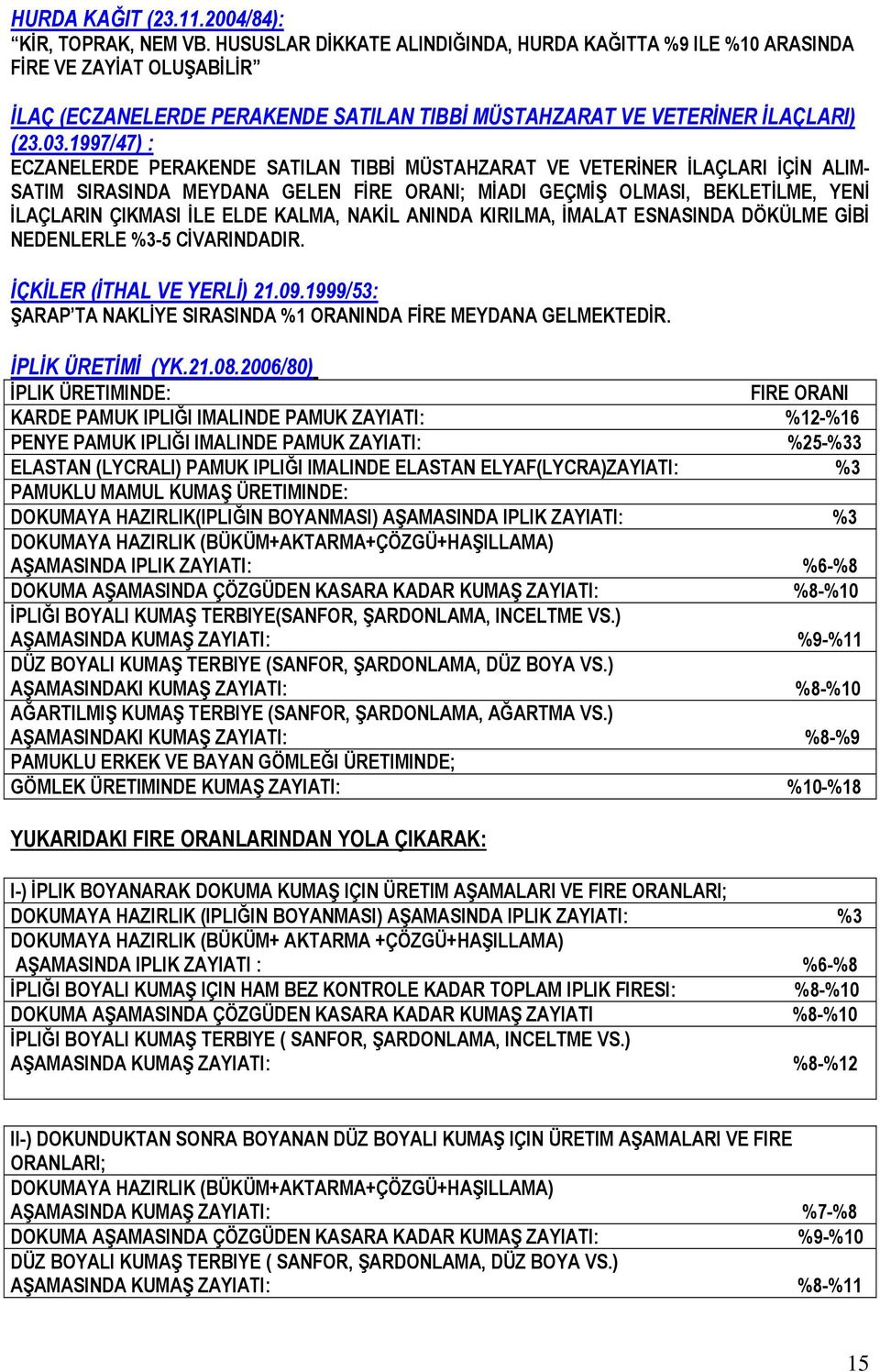 1997/47) : ECZANELERDE PERAKENDE SATILAN TIBBİ MÜSTAHZARAT VE VETERİNER İLAÇLARI İÇİN ALIM- SATIM SIRASINDA MEYDANA GELEN FİRE ORANI; MİADI GEÇMİŞ OLMASI, BEKLETİLME, YENİ İLAÇLARIN ÇIKMASI İLE ELDE