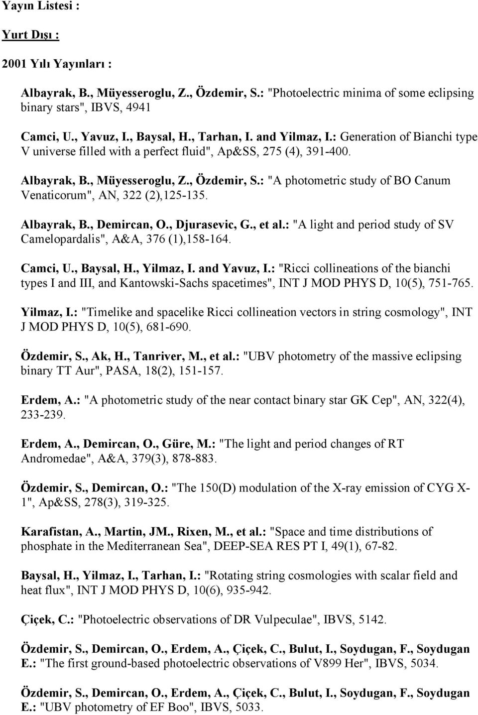 : "A photometric study of BO Canum Venaticorum", AN, 322 (2),125-135. Albayrak, B., Demircan, O., Djurasevic, G., et al.: "A light and period study of SV Camelopardalis", A&A, 376 (1),158-164.