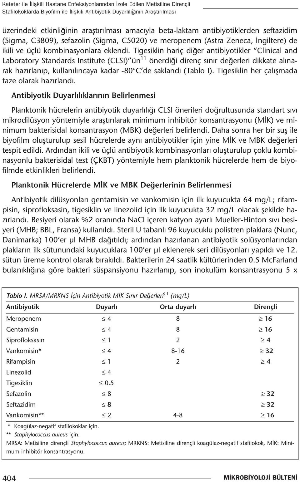 Tigesiklin hariç diğer antibiyotikler Clinical and Laboratory Standards Institute (CLSI) ün 11 önerdiği direnç sınır değerleri dikkate alınarak hazırlanıp, kullanılıncaya kadar -80 C de saklandı