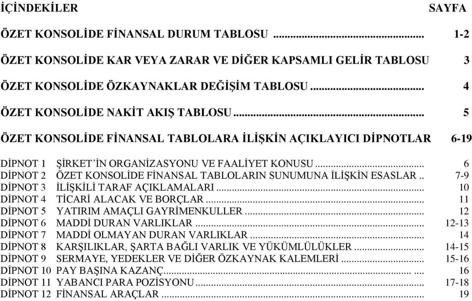 . 7-9 DİPNOT 3 İLİŞKİLİ TARAF AÇIKLAMALARI... 10 DİPNOT 4 TİCARİ ALACAK VE BORÇLAR... 11 DİPNOT 5 YATIRIM AMAÇLI GAYRİMENKULLER... 12 DİPNOT 6 MADDİ DURAN VARLIKLAR.