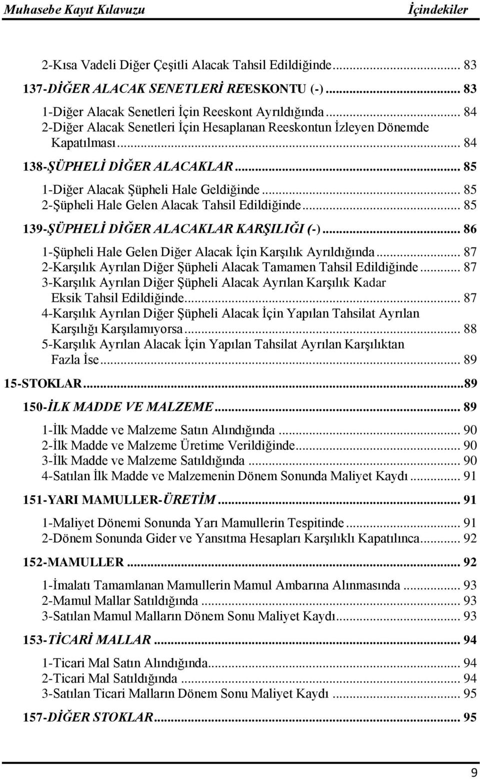 .. 85 2-Şüpheli Hale Gelen Alacak Tahsil Edildiğinde... 85 139-ġÜPHELĠ DĠĞER ALACAKLAR KARġILIĞI (-)... 86 1-Şüpheli Hale Gelen Diğer Alacak İçin Karşılık Ayrıldığında.