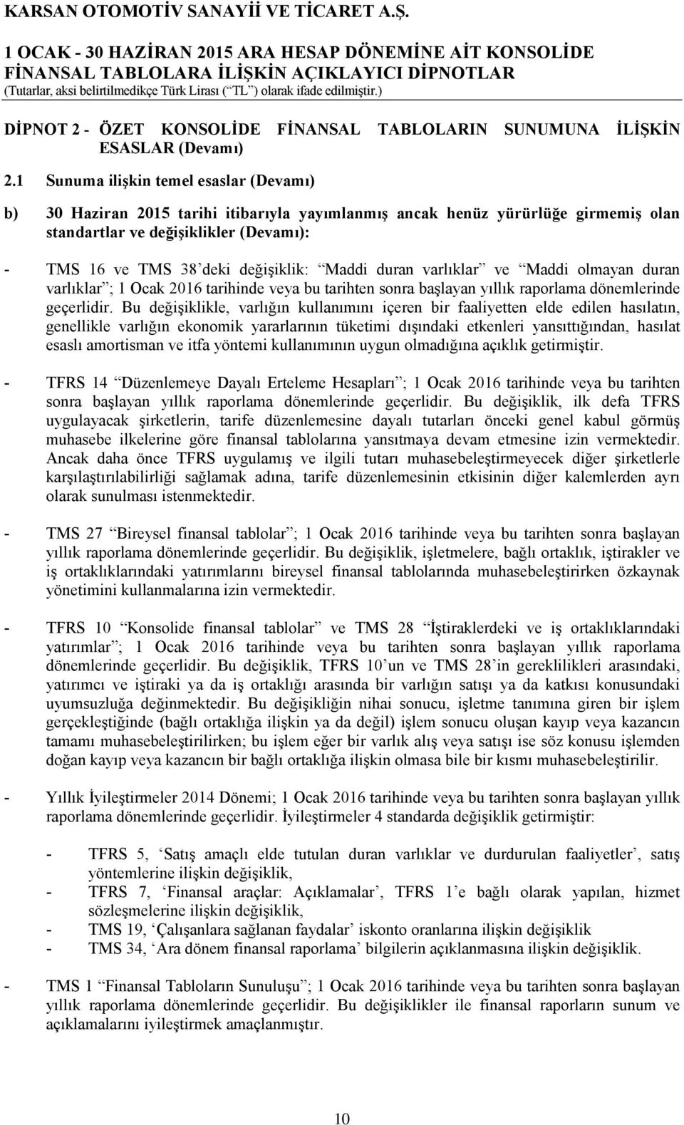 1 Sunuma ilişkin temel esaslar (Devamı) b) 30 Haziran 2015 tarihi itibarıyla yayımlanmış ancak henüz yürürlüğe girmemiş olan standartlar ve değişiklikler (Devamı): - TMS 16 ve TMS 38 deki değişiklik: