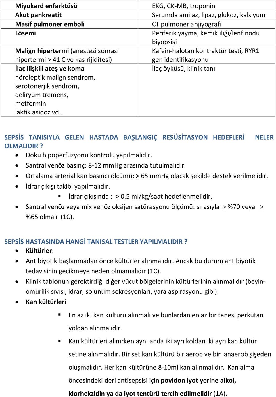 biyopsisi Kafein-halotan kontraktür testi, RYR1 gen identifikasyonu İlaç öyküsü, klinik tanı SEPSİS TANISIYLA GELEN HASTADA BAŞLANGIÇ RESÜSİTASYON HEDEFLERİ OLMALIDIR?