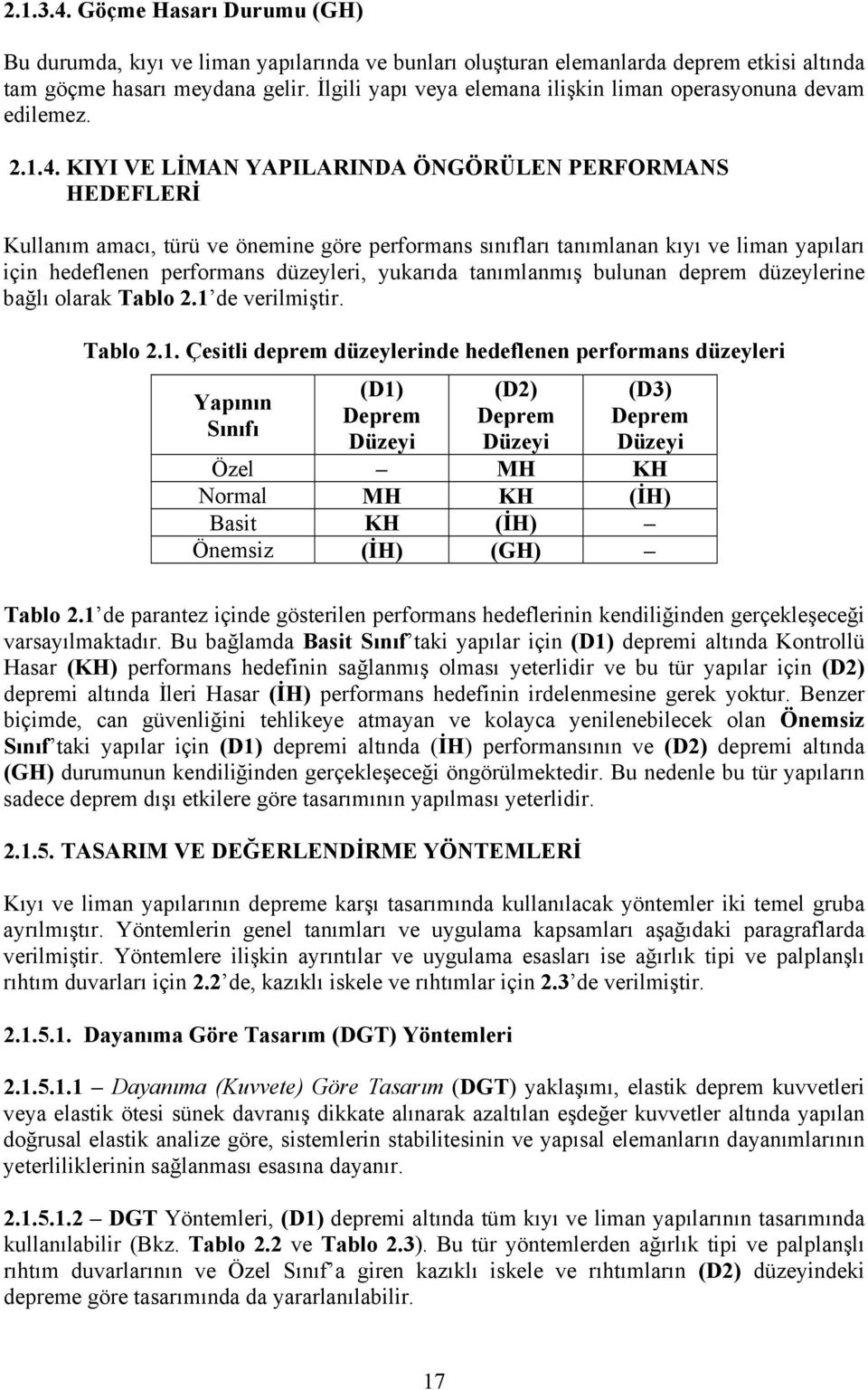 KIYI VE LİMAN YAPILARINDA ÖNGÖRÜLEN PERFORMANS HEDEFLERİ Kullanım amacı, türü ve önemine göre performans sınıfları tanımlanan kıyı ve liman yapıları için hedeflenen performans düzeyleri, yukarıda